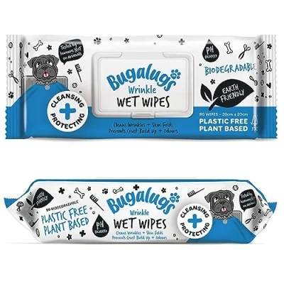 Image of BUGALUGS Wrinkle dog wipes for pawly skin 80 Biodegradable grooming pet wipes. Use as ear wipes, eye face Paw &amp; Bum puppy, dogs cat