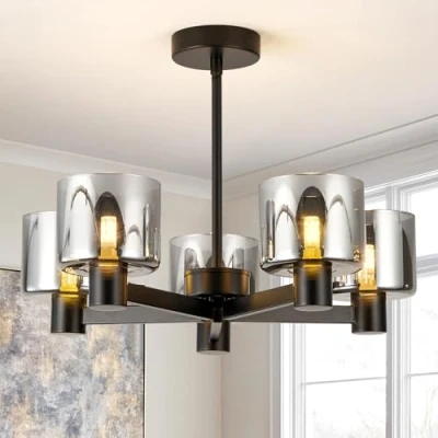Image of HARPER Living Modern 5 Lights Chandeliers Ceiling Light, Semi Flush Lamp with Smoked Glass Shades, Matt Black Finish, 5xG9 Lighting for Room Bedroom Dining Hallway
