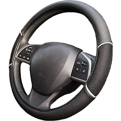 Image of UKB4C Car Leather Look Steering Wheel Covers Universal 15 inch Breathable Anti slip Sleeve Protector (Black)