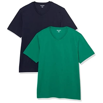 Image of Amazon Essentials Men&#039;s Regular Fit Short Sleeved V Neck T Shirt (Available in Big and Tall), Pack of 2, Navy/Green, XL