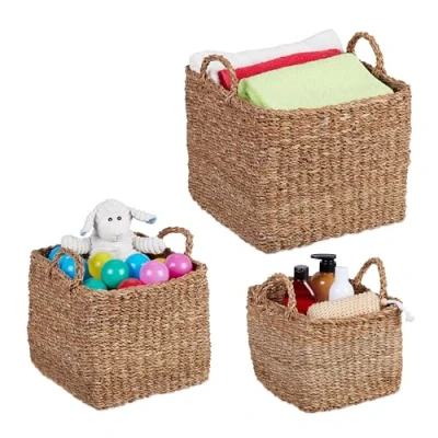 Image of Relaxdays Box, Seagrass, Set of 3, 3 Sizes, Bathroom &amp; Nursery Storage, Square Woven Baskets, Natural, Plant fibre, 30 x 35 cm
