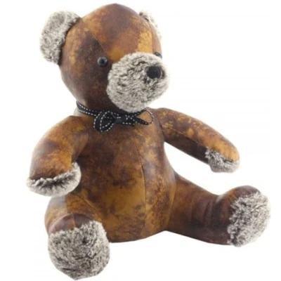 Image of Luxury Faux Brown Leather with Fluffy Nose &amp; Paws Teddy Bear Doorstop