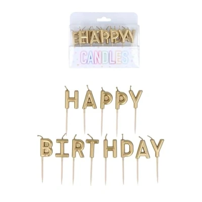 Image of Henbrandt Pack of 13 Gold Happy Birthday Candles on Wooden Picks, Metallic 7cm Lettered Celebration Cake Topper for and Cupcake Decorations
