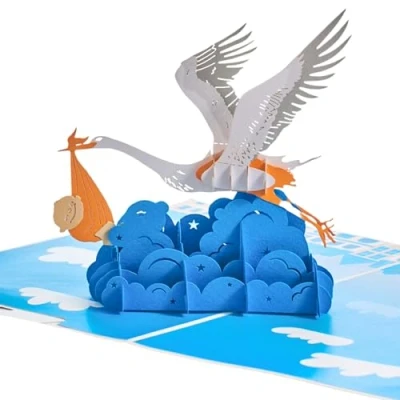 Image of Magic Moments® Flying Stork Pop Up Card 3D with Baby Design for Newborn Boy, Baptism &amp; Boy Birth Congratulations Heartfelt Greeting Envelope Shower Gender Reveal