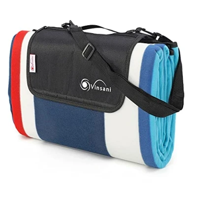 Image of Vinsani 200 x 200cm Folding Picnic Blanket Waterproof &amp; Sandproof Backing Ideal for Camping Outdoor Aqua Stripe Rug Mat with Carry Handle