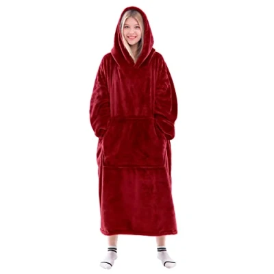 Image of Waitu Wearable Blanket Sweatshirt for Women and Men, Super Warm Cozy Big Hoodie, Thick Flannel with Sleeves Giant Pocket Red