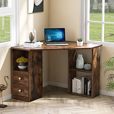 Image of Merax L Shaped Corner Computer Desk with Large Storage Space Stylish and Functional Wood Study for Office or Home Brown