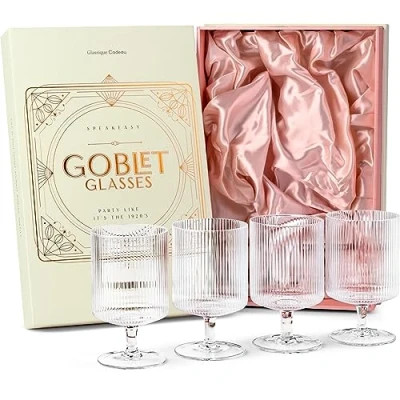 Image of GLASSIQUE CADEAU Vintage Art Deco Ribbed Goblet Cocktail Glasses with Stem Set of 4 300 ml Short Stemmed Crystal Tumblers for Drinking Classic Gin, Whiskey, Vodka Bar Drinks