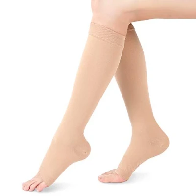Image of Open Toe Compression Socks for Women Men, 1 Pair Knee High Stockings, Sleeves Varicose Vein Swelling Edema Flight Pregnancy Travel Work (Beige L)