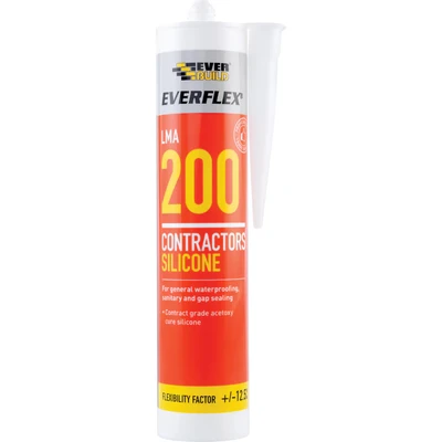 Image of Everbuild Everflex 200 Contractors LMA Silicone Sealant Suitable for Interior and Exterior Use Quick Curing Waterproof Transparent 295ml