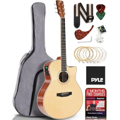 Image of Pyle Premium Electric Acoustic Guitar with Spruce Top and Mahogany Sides Full Size Standard Dreadnought Cutaway Natural Matte Finish Complete Starter Kit
