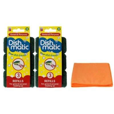 Image of 6X Fillable Washing Up Brush Refills Bundle (2X 3 Packs) General Purpose with Ultra Absorbent Microfibre Cleaning Cloth