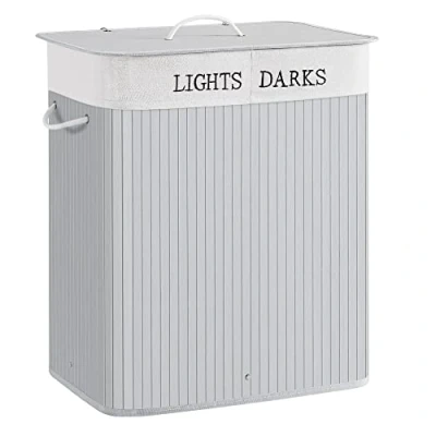 Image of SONGMICS Laundry Basket, 100L, Hamper with Lid, Bamboo, Foldable, Bin 2 Compartments for Light and Dark Clothes, Machine Washable Liner Bag, Grey LCB064G03