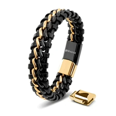 Image of SERASAR Mens Bracelets 20cm Gold Gift Box Genuine Leather Cowhide Braided Adjust Able Magnetic Clasp Multi Layer Wrap Jewellery Rope Man Mans Male Band Jewelry Accessories