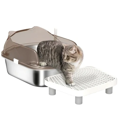 Image of PawHut Stainless Steel Litter Box with Lid, Metal Cat Tray for Big Cats High Wall Sided Enclosure, Pedal, Scoop, Non Sticky, Anti Leakage, Easy Cleaning