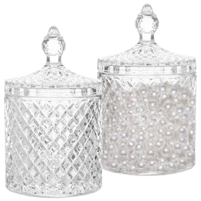 Image of TULEBOLIAN 2 Pack Crystal Glass Storage Jars,Crystal Diamond Faceted Jar With Lid, Clear Sugar Jar, Snack Organizer for Living Room, Bedroom, Kitchen, Bathroom (3.27x5.5 inches)