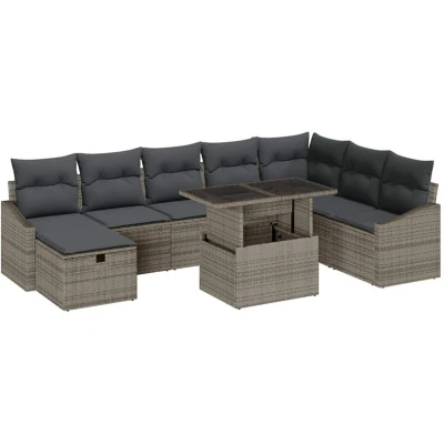 Image of vidaXL 9 Piece Garden Sofa Set with Cushions Grey Poly Rattan