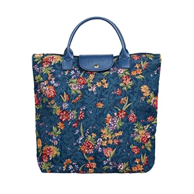 Image of Signare Tapestry Foldable Tote Bag Reusable Shopping Grocery with Floral Designs Flower Meadow Blue