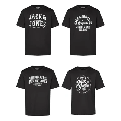 Image of JACK &amp; JONES JJLINO T Shirt Pack of 4 Crew Neck Short Sleeve Regular Fit Print Summer 100% Cotton Black White Green Red Blue Grey S M L XL XXL 3XL, 3,