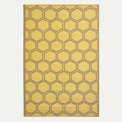 Image of HOMESCAPES Yellow Outdoor Rug for Garden or Patio 100% Recycled Plastic 182 x 122 cm Lightweight Waterproof Honeycomb Geometric Design Woven Floor Mat Indoor &amp; Use