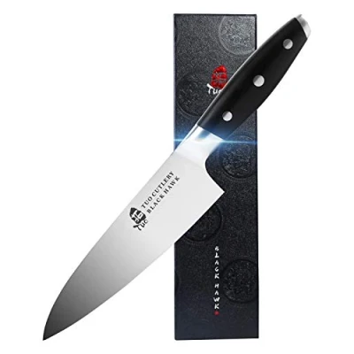 Image of TUO Chef Knife 7 inch Kitchen Chef‘s Professional Cooking German High Carbon Stainless Steel with Full Tang Pakkawood Handle Black Hawk Series