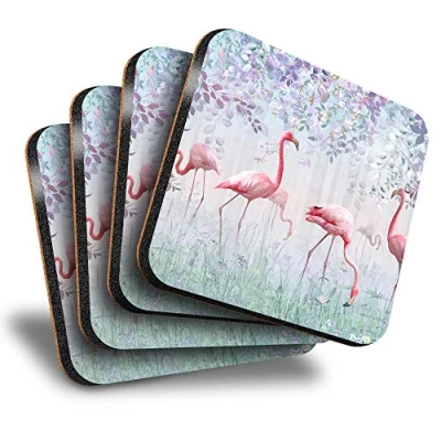 Image of Destination Vinyl ltd Great Coasters (Set of 4) Square Pink Flamingo Birds in Nature Drink Glossy Coasters/Tabletop Protection for Any Table Type #24012