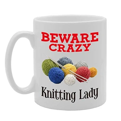 Image of Coralgraph Inc MG4396 Beware Crazy Knitting Lady Novelty Gift Printed Tea Coffee Ceramic Mug