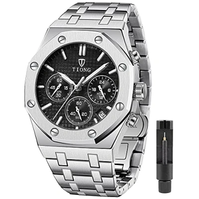 Image of Tiong Mens Watches Chronograph Stainless Steel Waterproof Date Analog Quartz Watch Business Casual Fashion Wrist for Men, CHX01 Silver Black,