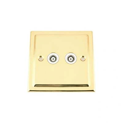 Image of TV Coaxial Aerial Socket Double 2 Gang Victorian Polished Brass White Insert