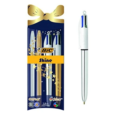 Image of BIC Shine Ballpoint Pen Gift Set for Christmas Pack of 4 Pens (4 Colour and Cristal) with Gold Silver Shiny Barrels Blue Black Ink