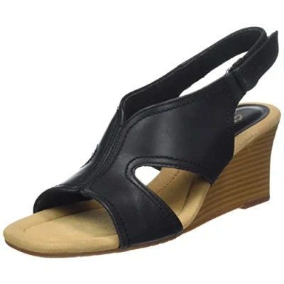 Image of Clarks Women&#039;s Kyarra Aster Wedge Sandal, Black (Black Leather), 7 UK
