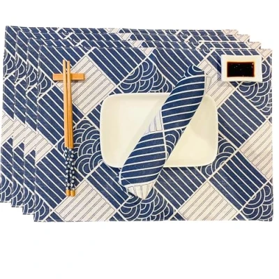 Image of CosyAurora Placemats 30 x 40 cm Navy Blue Ocean Waves for Dining Table, Set of 4 (A)