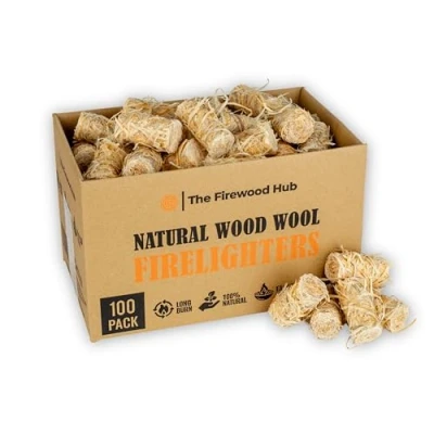 Image of 100 Wood Wool Fire lighters Natural Firelighters Made from and Wax, Long Burn Time Up to 10 Minutes, Ideal for Burners, BBQ, Fireplace, Campfires