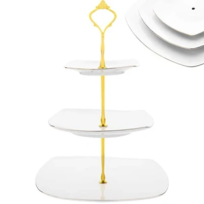 Image of Nyxi Cake Stand Afternoon Tea White Ceramic Square Plates 3 Tier Porcelain Display with New Gold Crown Fittings