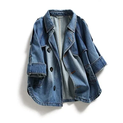 Image of TOMPPY Womens Denim Jackets, Women&#039;S Jacket Fashion Blue Wash Faded Long Sleeve Button Up Jean Trucker Vintage Distressed Loose Lapel Coat Spring Transition Casual Outwear,L