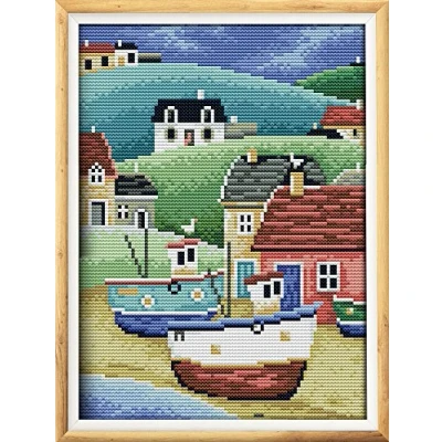 Image of CaptainCrafts Cross Stitch Kits, Counted Unpreprinted Fabric DIY Art Embroidery Kits Needlework Crafts (Unpreprinted 14CT, Colorful Harbour)