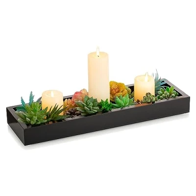 Image of Hanobe Rectangular Long Narrow Tray: Black Decorative Candle Holder Centerpiece Tray Decor Serving No Handle for Dining Table Coffee Bar Living Room Home