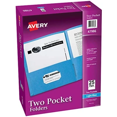 Image of AVERY Two Pocket Folders, Holds up to 40 Sheets, Business Card Slot, 25 Light Blue Folders (47986)