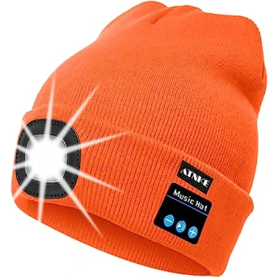 Image of ATNKE LED Lighted Bluetooth Beanie Cap, USB Rechargeable Wireless Musical Running Hat Ultra Bright 4 Waterproof Light Lamp Use for Skiing Hiking Camping Cycling (Orange)