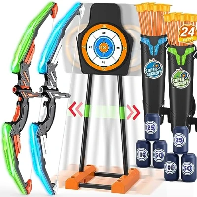 Image of HYES 2 Pack Toy Archery Bow and Arrow for Kids, Set with LED Light, Moving Target, 24 Suction Cup Arrows, 6 Score Targets, Quiver, Indoor Outdoor Sport Gifts Boys Girls Ages 4 12