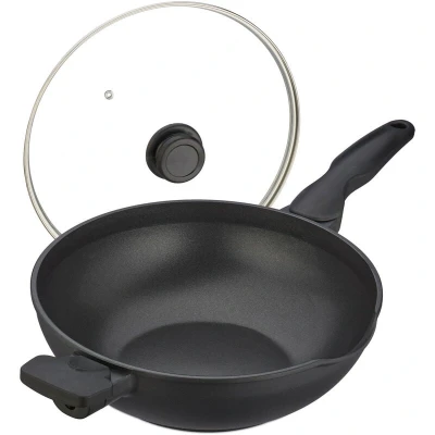 Image of Relaxdays Wok with Glass Lid, Ø 30 cm, Aluminium, Non Stick Coating, Gas &amp; Electric Hobs, Stir Fry Pan, Handles, Black