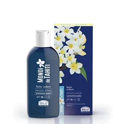 Image of Helan Monoi De Tahiti Face and Body Tanning Accelerator, Sun Lotion &amp; Moisturiser with Natural Tan Cream Sunscreen Protection SPF 15 Made in Italy, 200 ml