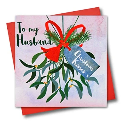 Image of Christmas Card, Mistletoe, To my husband, Kisses, Tassel Embellished