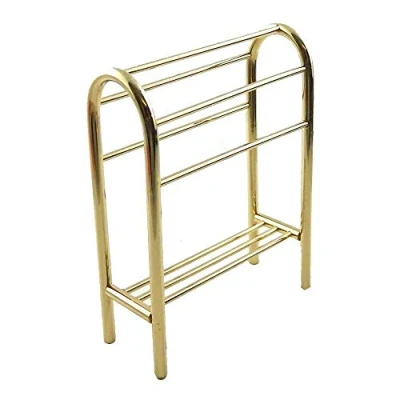 Image of Melody Jane Dolls House Brass Towel Rail Rack Stand with Shelf Miniature Bathroom Accessory
