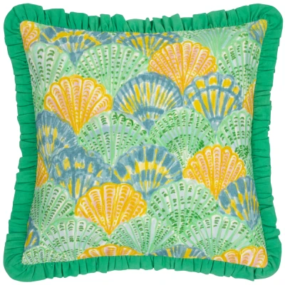 Image of furn. Clam Shells Frilled Cushion Cover Green Cotton Size 50 cm x
