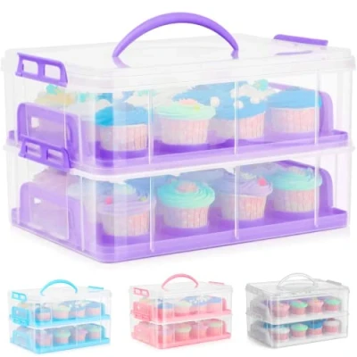Image of SG Traders Cupcake Carrier with Handle, 2 Tier Box Bake Cake Holder, 24 Muffin Cases Stackable Caddy, Baking Boxes Cases, Plastic Storage Adjustable Compartments