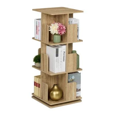 Image of Relaxdays Rotating Bookcase, 360 Degree Swivel, 3 Levels, Shelves for Books &amp; CDs, Wood Effect, 95 x 39 cm, Natural, Fibreboard, Steel