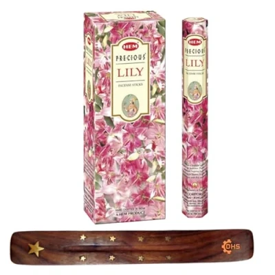Image of HEM Incense sticks PRECIOUS LILY Full box of 6 with DHS stick holder for Yoga, Meditation, Healing, Spirituality, Aromatherapy, Spa and Relaxation……
