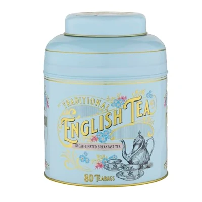 Image of New English Teas Vintage Victorian Powder Blue Tea Caddy with 80 Decaffeinated Breakfast Teabags