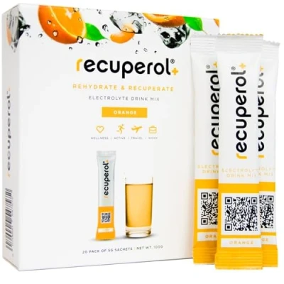 Image of Recuperol Electrolytes Sachets Powder for Rehydration 20 Sugar Free Hydration Zinc, Vitamin C, B12, D3, Potassium Natural Orange Flavour